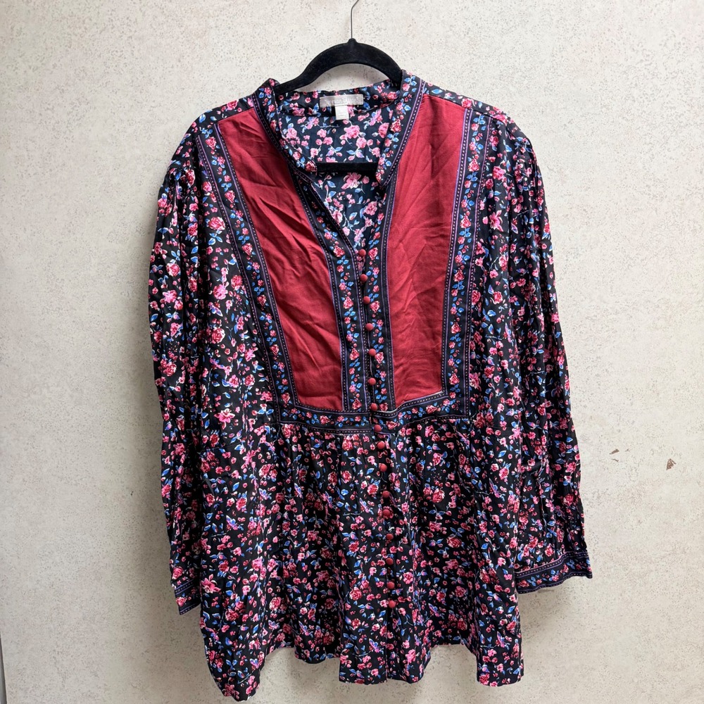 Woman Within‎ 1X Plus Womens Floral  Burgundy Roses Boho Artsy Festival Blouse